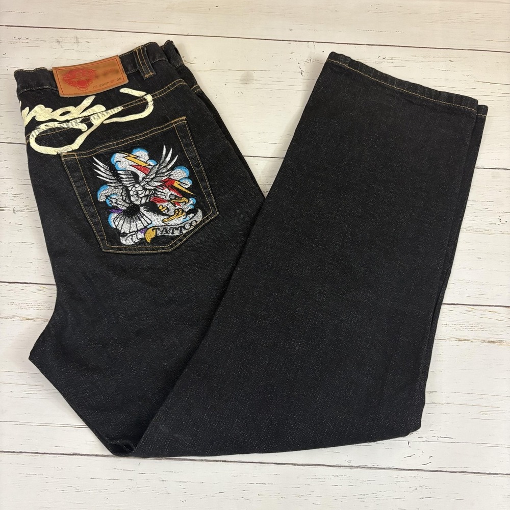 Ed Hardy Jeans Lot 2007 Y2K 38x34 Relaxed Straight Embroidered Skull Tattoo